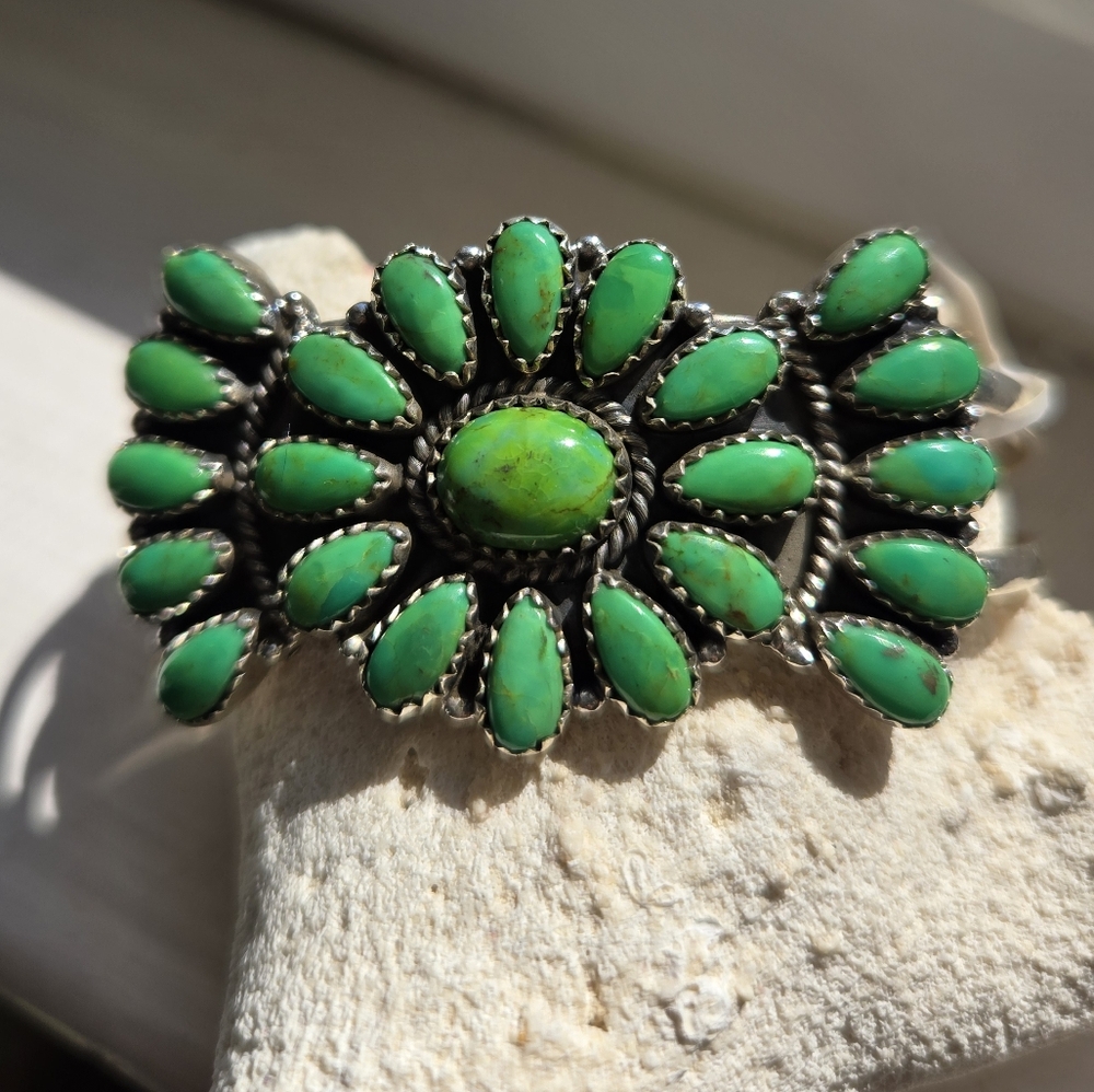Green Stone Cluster Silver Bracelet - Turquoise-Style Accent